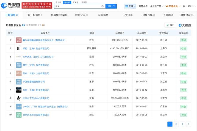 陈坤与25家企业存在商业关联